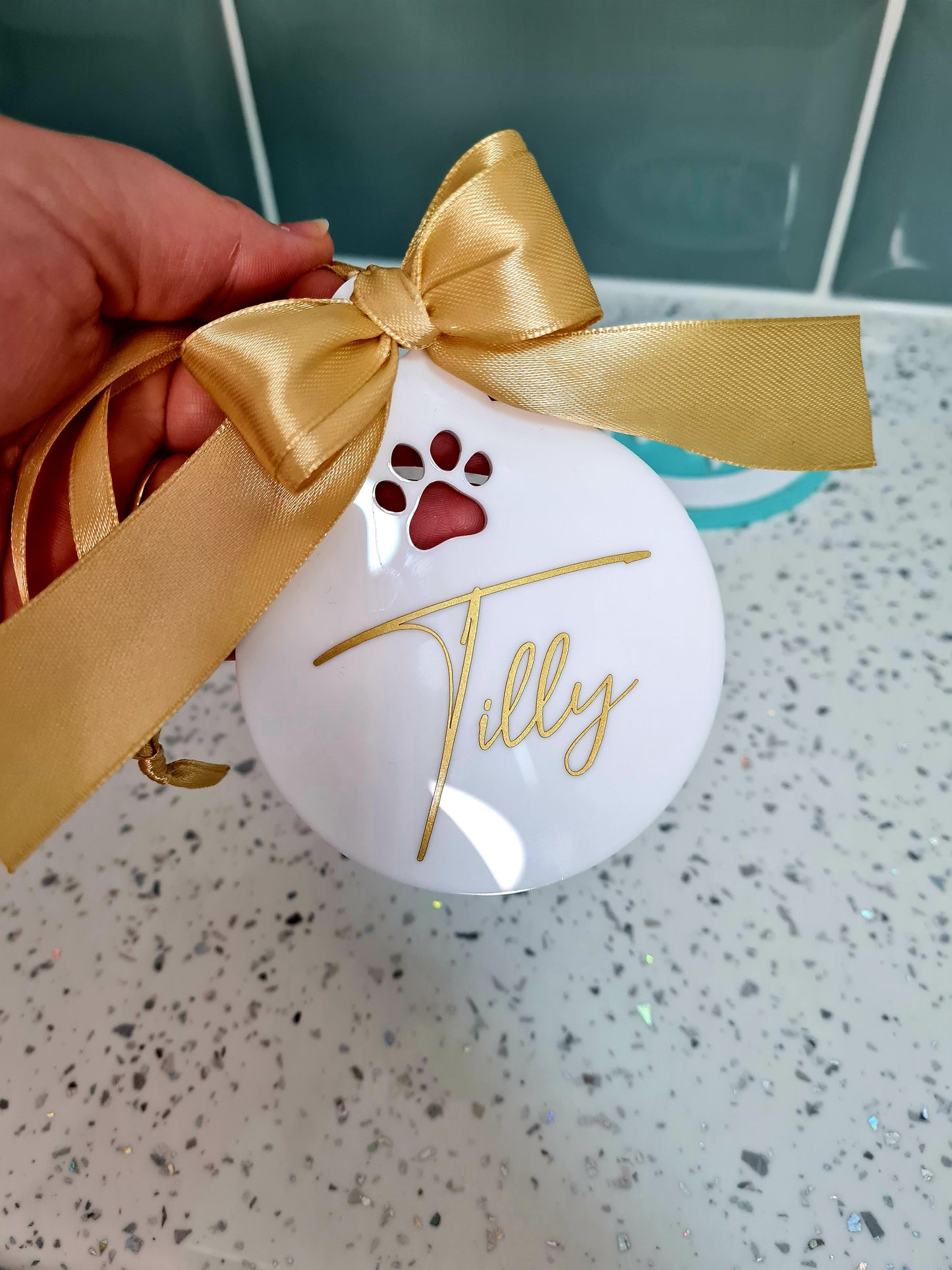 Personalised Paw Print Acrylic Bauble with Hand Tied Bow, Christmas Bauble For Pet, Pets Christmas Hanging Decoration