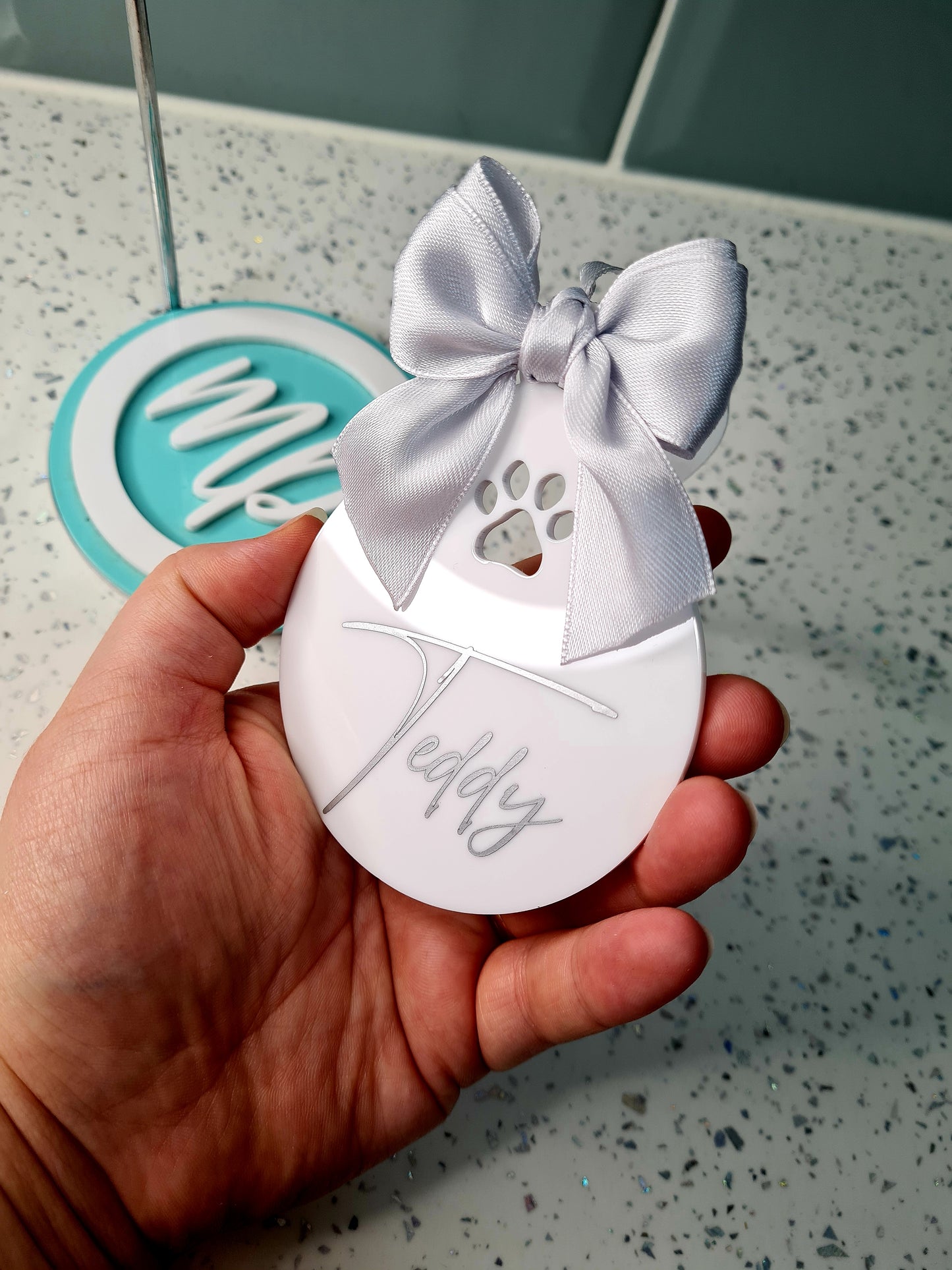 Personalised Paw Print Acrylic Bauble with Hand Tied Bow, Christmas Bauble For Pet, Pets Christmas Hanging Decoration
