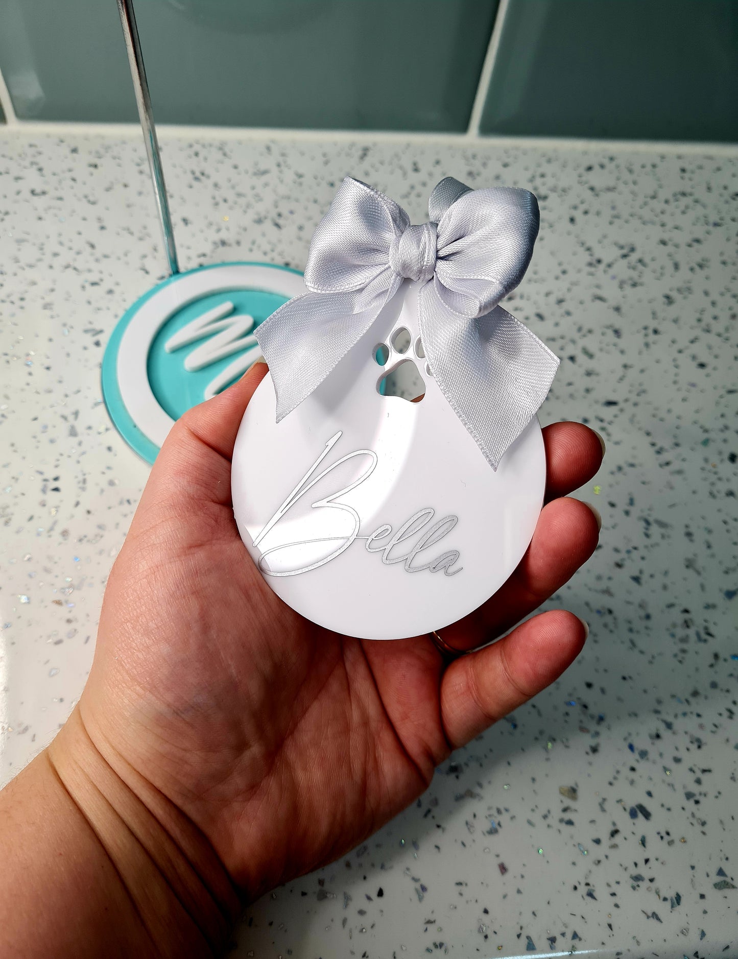 Personalised Paw Print Acrylic Bauble with Hand Tied Bow, Christmas Bauble For Pet, Pets Christmas Hanging Decoration