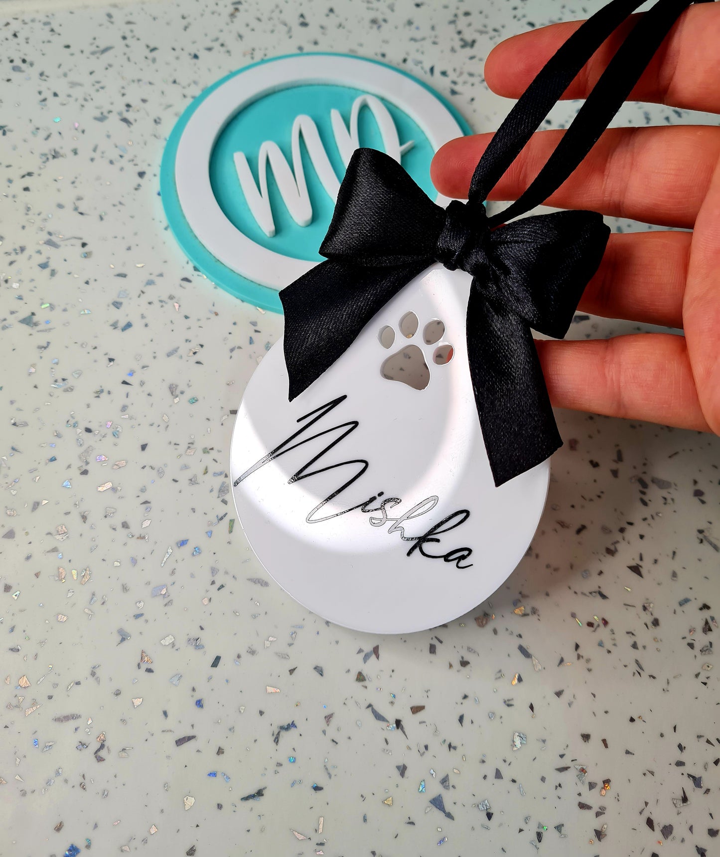 Personalised Paw Print Acrylic Bauble with Hand Tied Bow, Christmas Bauble For Pet, Pets Christmas Hanging Decoration