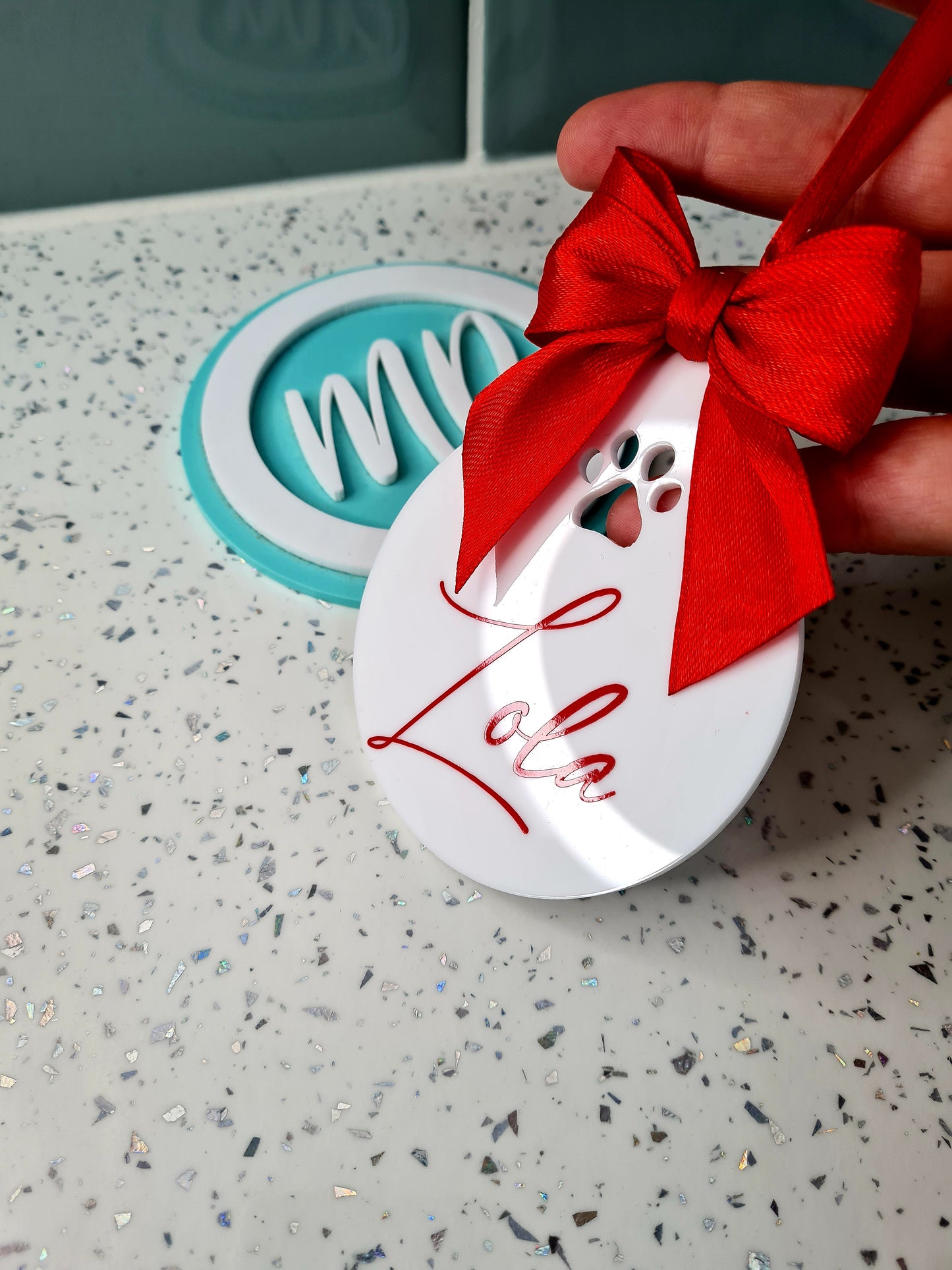Personalised Paw Print Acrylic Bauble with Hand Tied Bow, Christmas Bauble For Pet, Pets Christmas Hanging Decoration