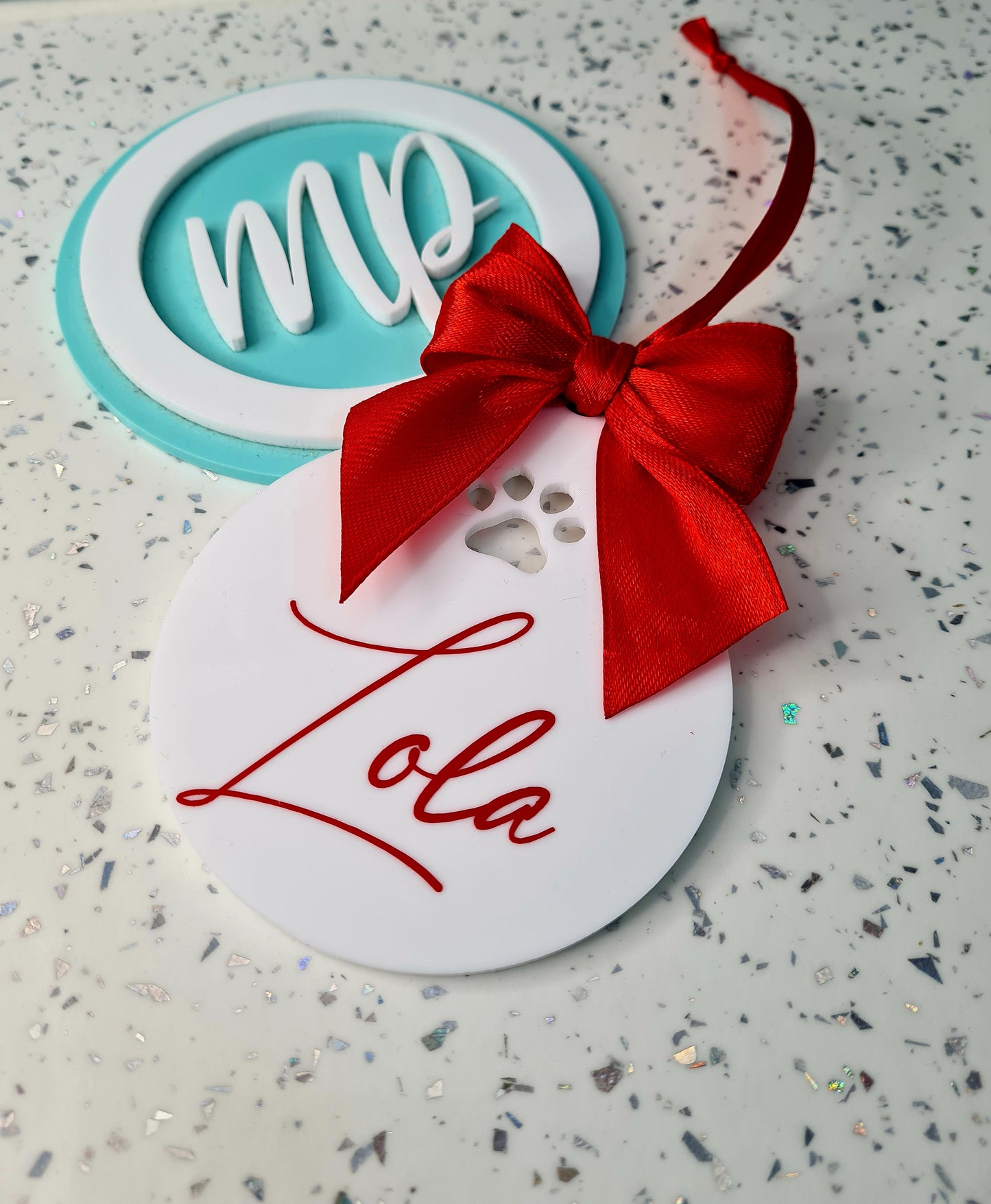 Personalised Paw Print Acrylic Bauble with Hand Tied Bow, Christmas Bauble For Pet, Pets Christmas Hanging Decoration
