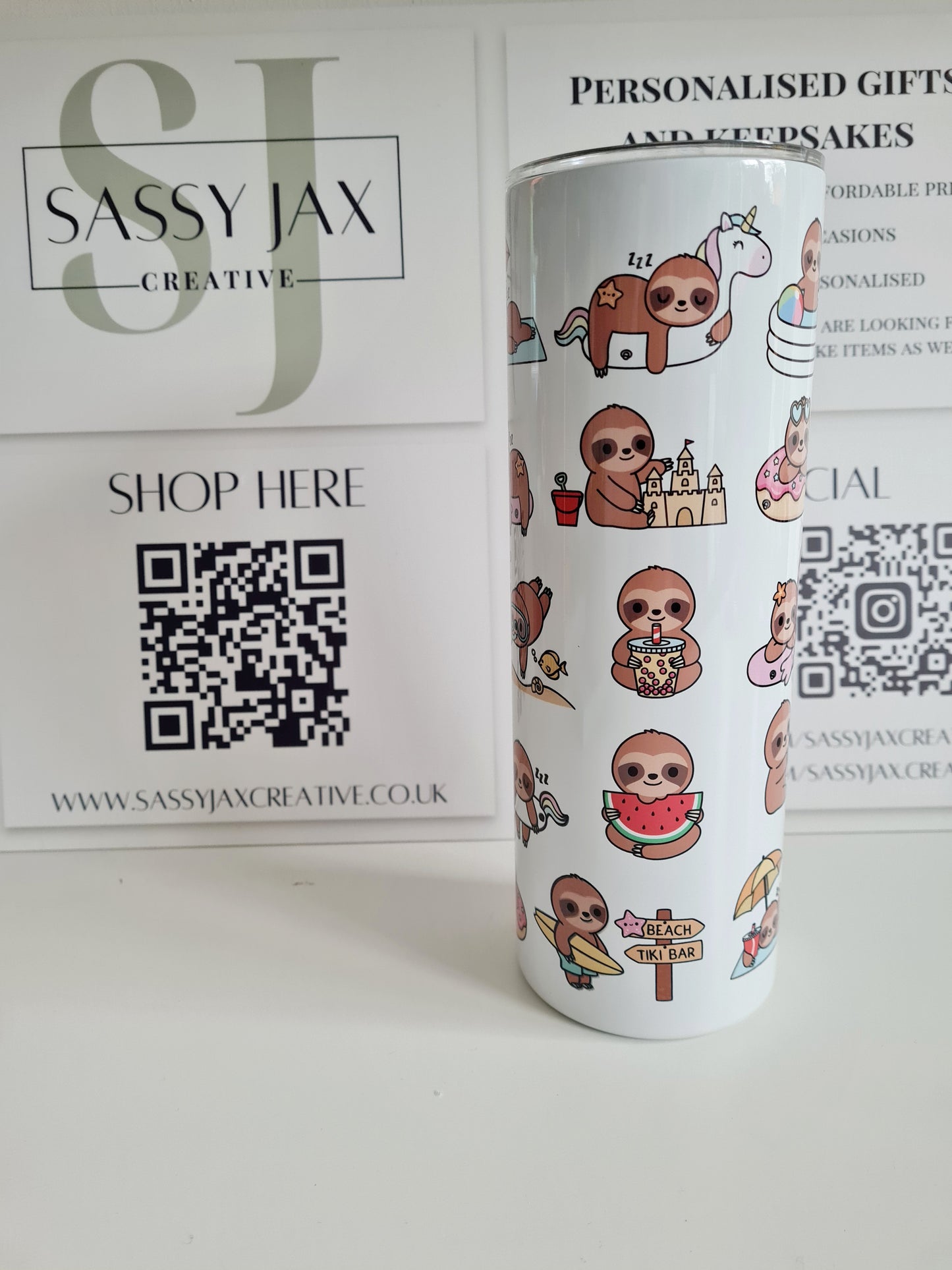 Personalised Summer Sloth Colourful 20oz Skinny Thermal Tumbler