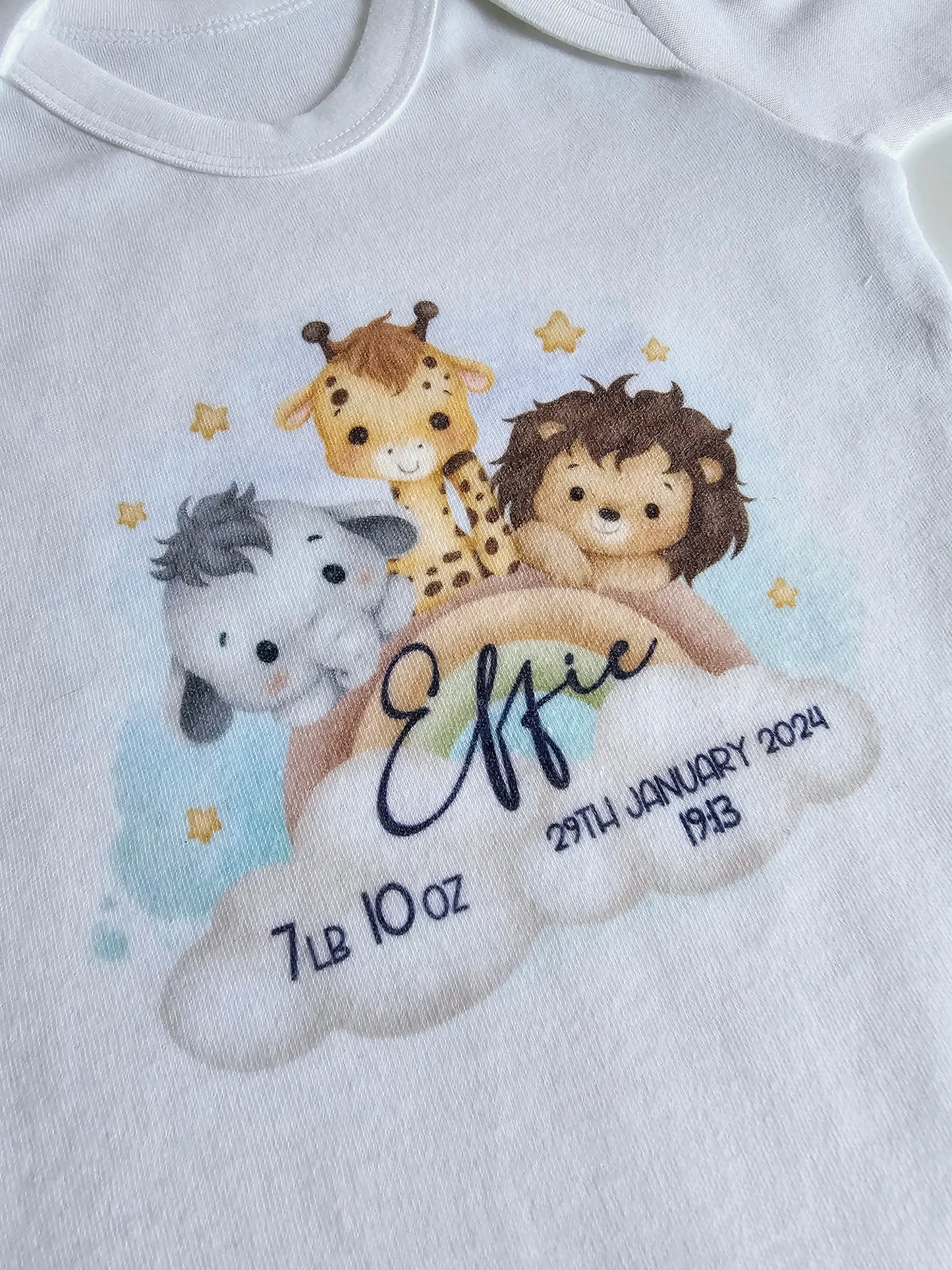 Personalised Baby Sleepsuit, New Baby Gift, Safari Animal Rainbow Baby, Baby keepsake