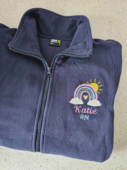 Pastel rainbow and sunshine fleece, nursing jacket, midwife fleece, student midwife gift, student nurse shift jacket