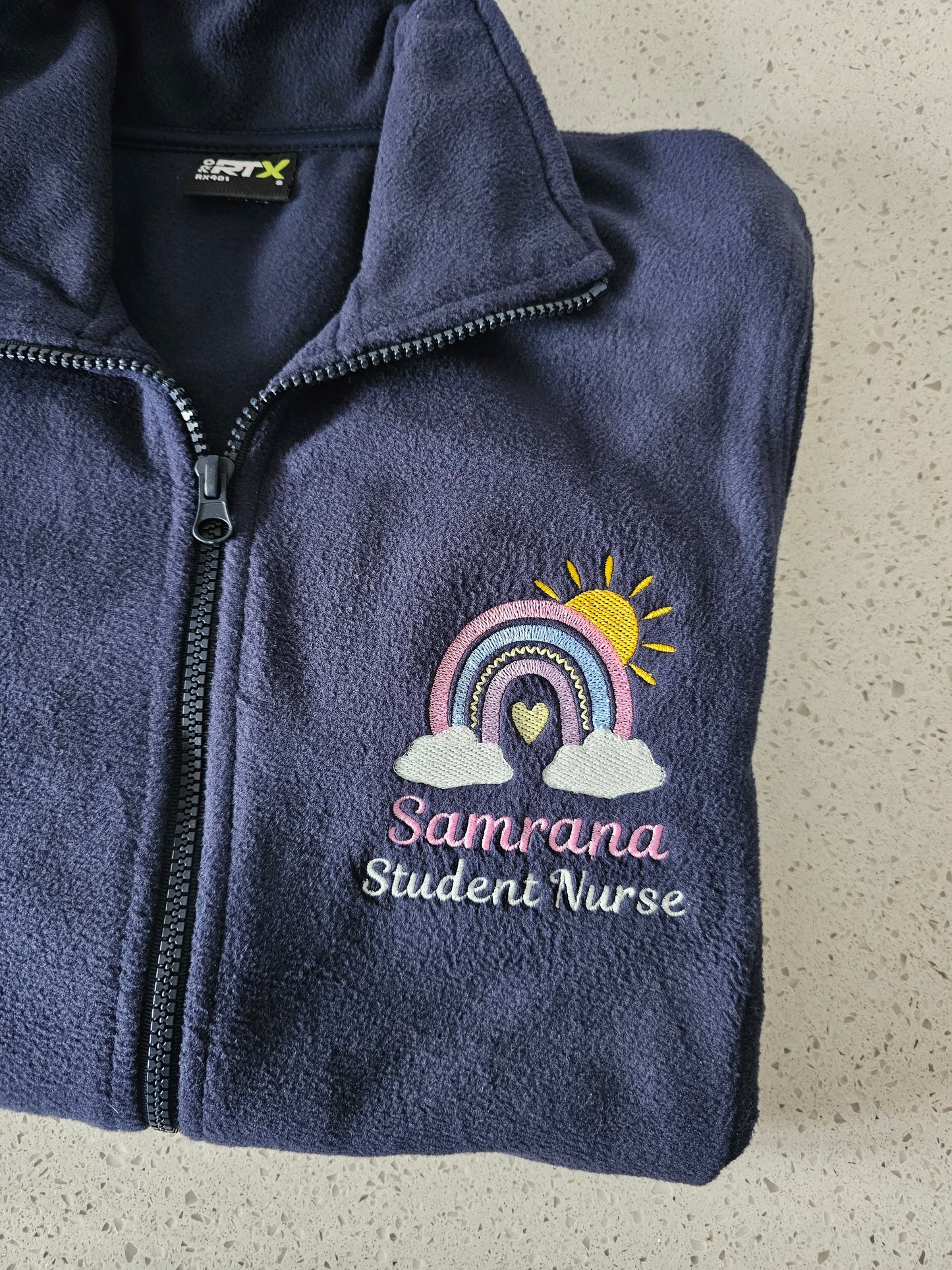 Pastel rainbow and sunshine fleece, nursing jacket, midwife fleece, student midwife gift, student nurse shift jacket