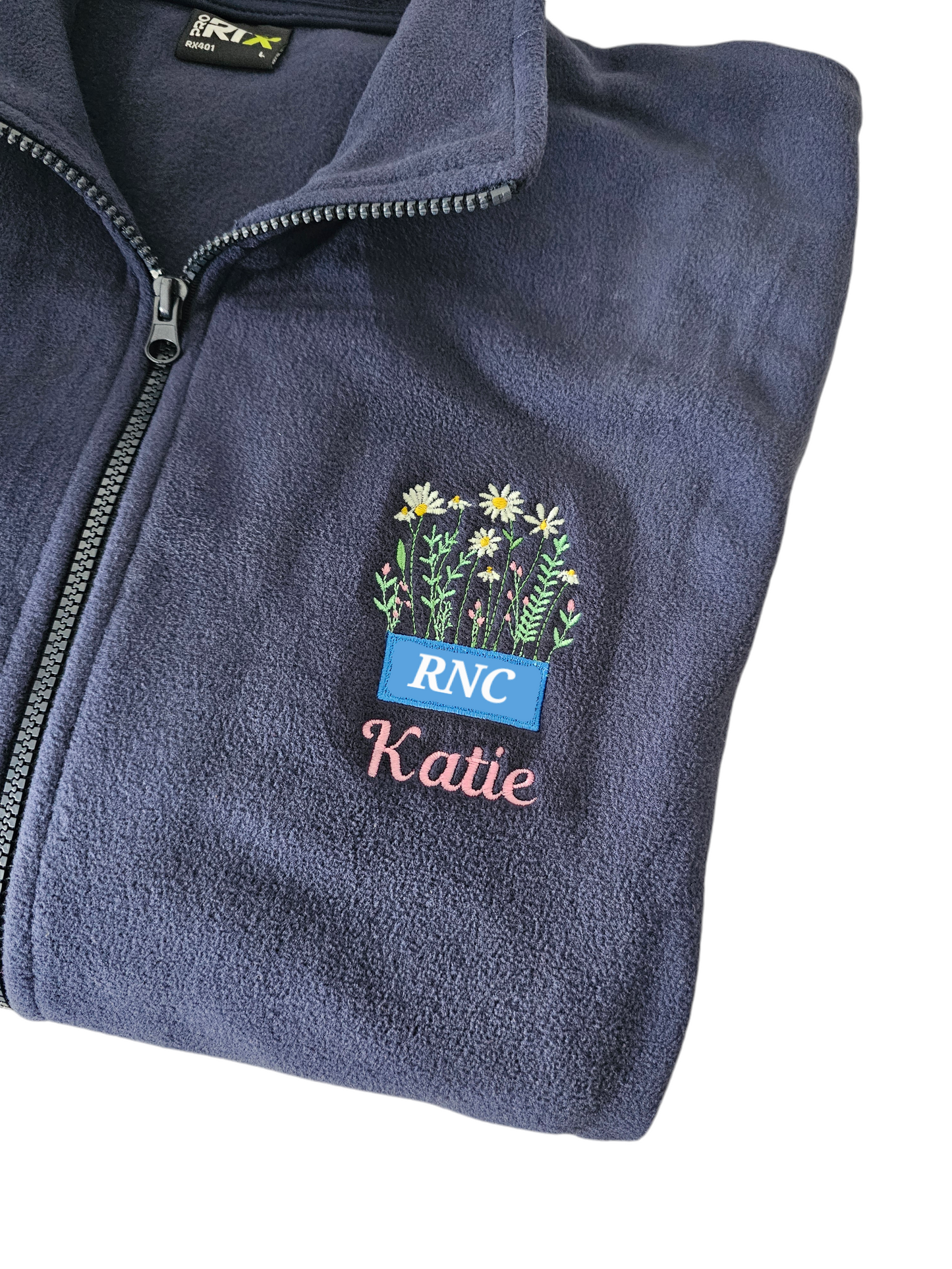 Embroidered wild flower fleece with blue logo for initials fleece, NICU nurse, midwife fleece, student midwife jacket, student nurse fleece, doctor fleece