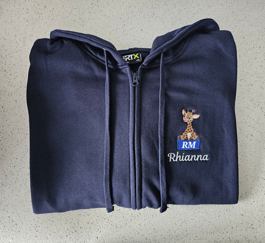 Embroidered Giraffe Hoodie with blue box logo or initials, healthcare jacket, nurse hoodie, midwife hoodie, student nurse gift.