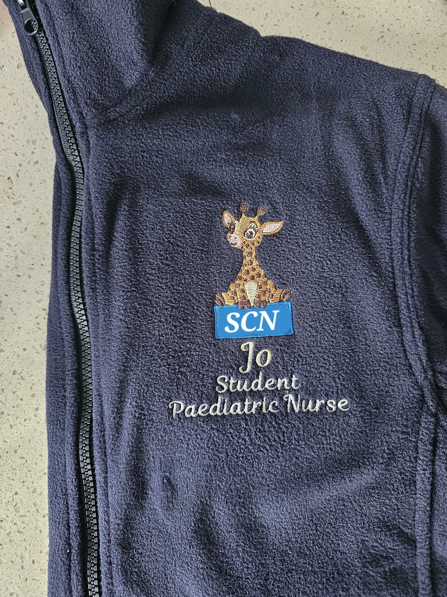 Embroidered giraffe fleece with blue logo for initials fleece, NICU nurse, midwife fleece, student midwife jacket, student nurse fleece, doctor fleece