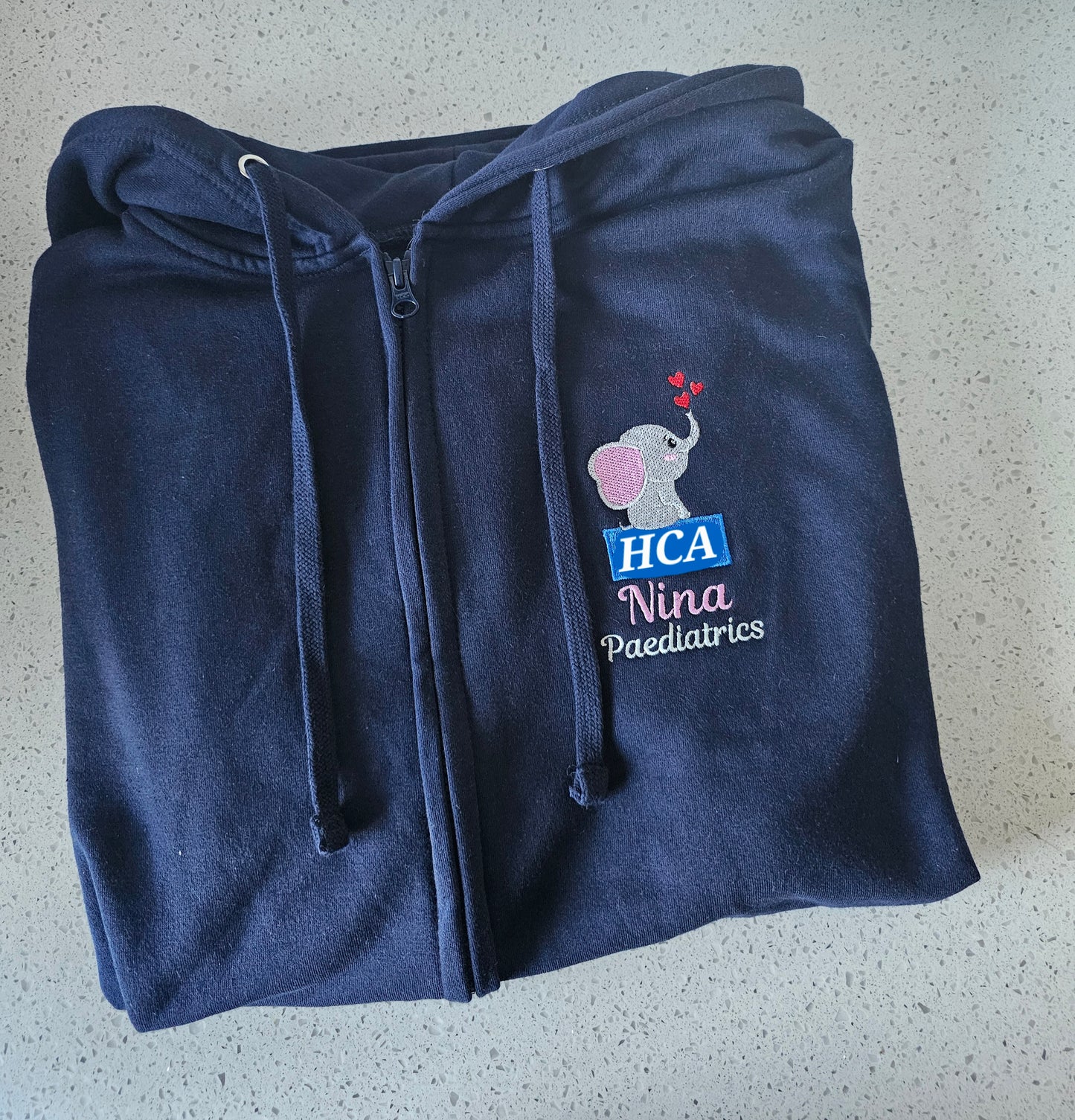 Embroidered baby elephant hoodie with blue box logo or initials, nurse hoodie, midwife jacket, healthcare, doctor gift.