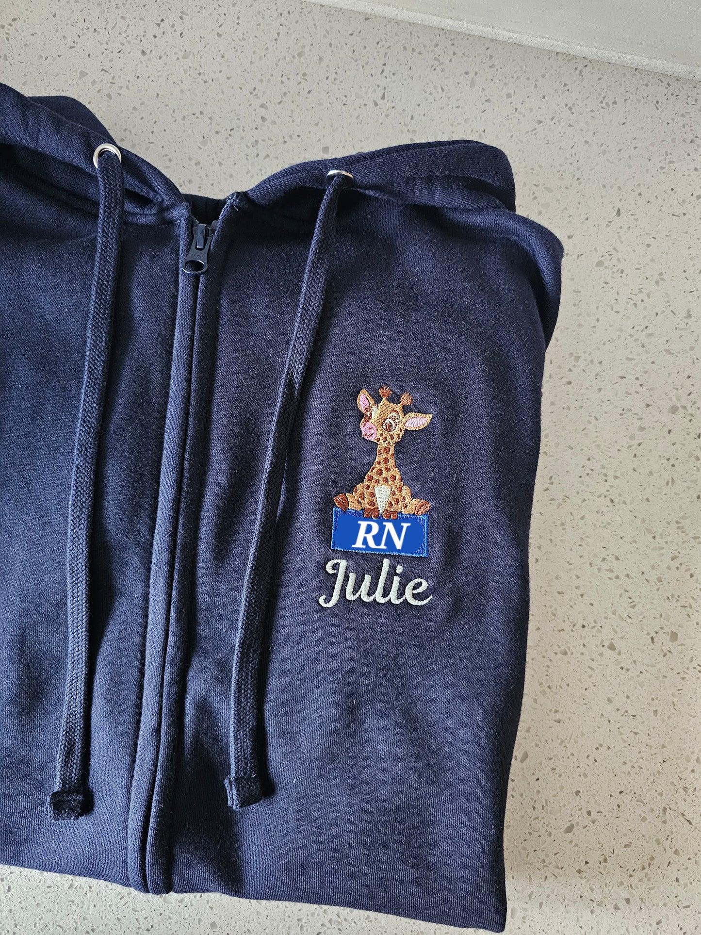 Embroidered Giraffe Hoodie with blue box logo or initials, healthcare jacket, nurse hoodie, midwife hoodie, student nurse gift.
