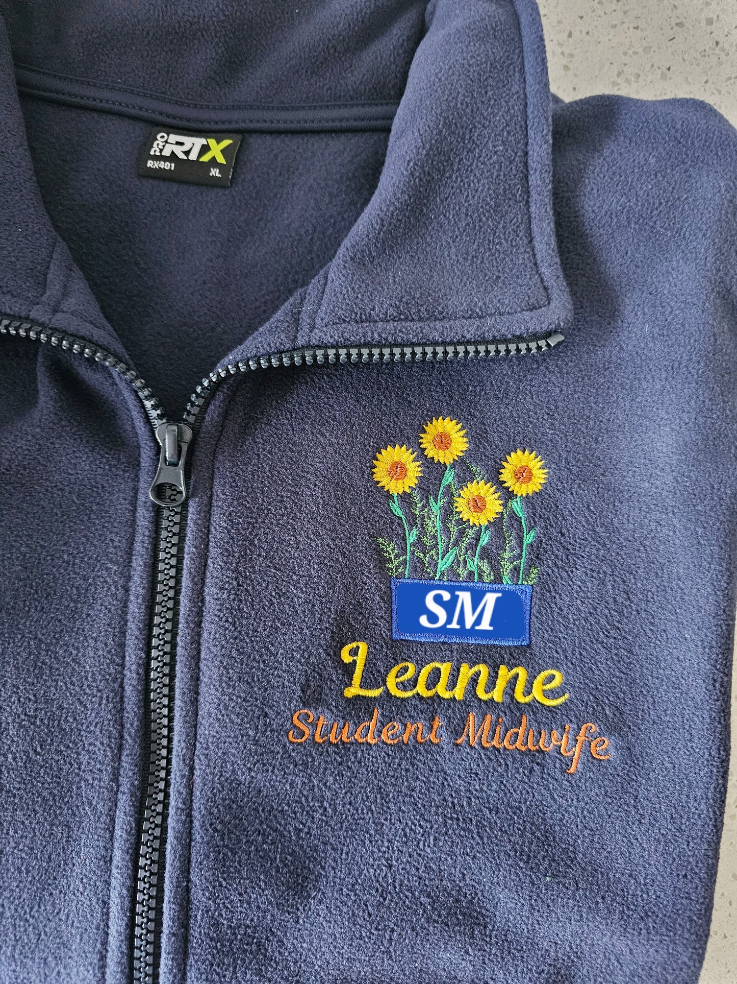 Embroidered Sunflower fleece with blue box logo or initials , healthcare jacket, nurse fleece, midwife fleece, student gift.