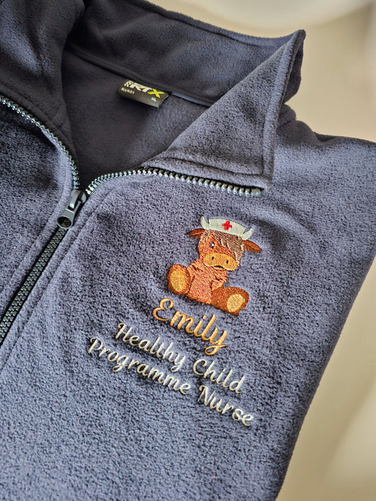 Highland Cow Nurse Personalised Fleece - Nurse Jacket - Midwife Jacket - Student fleece - Doctor Stethoscope Bear