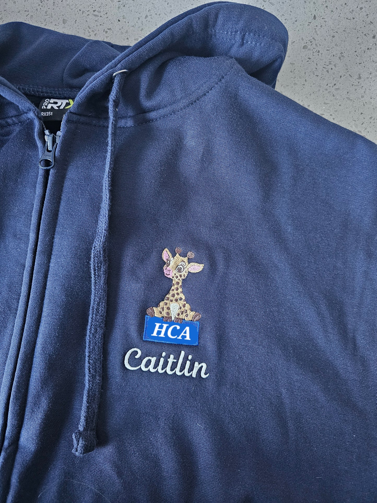 Embroidered Giraffe Hoodie with blue box logo or initials, healthcare jacket, nurse hoodie, midwife hoodie, student nurse gift.