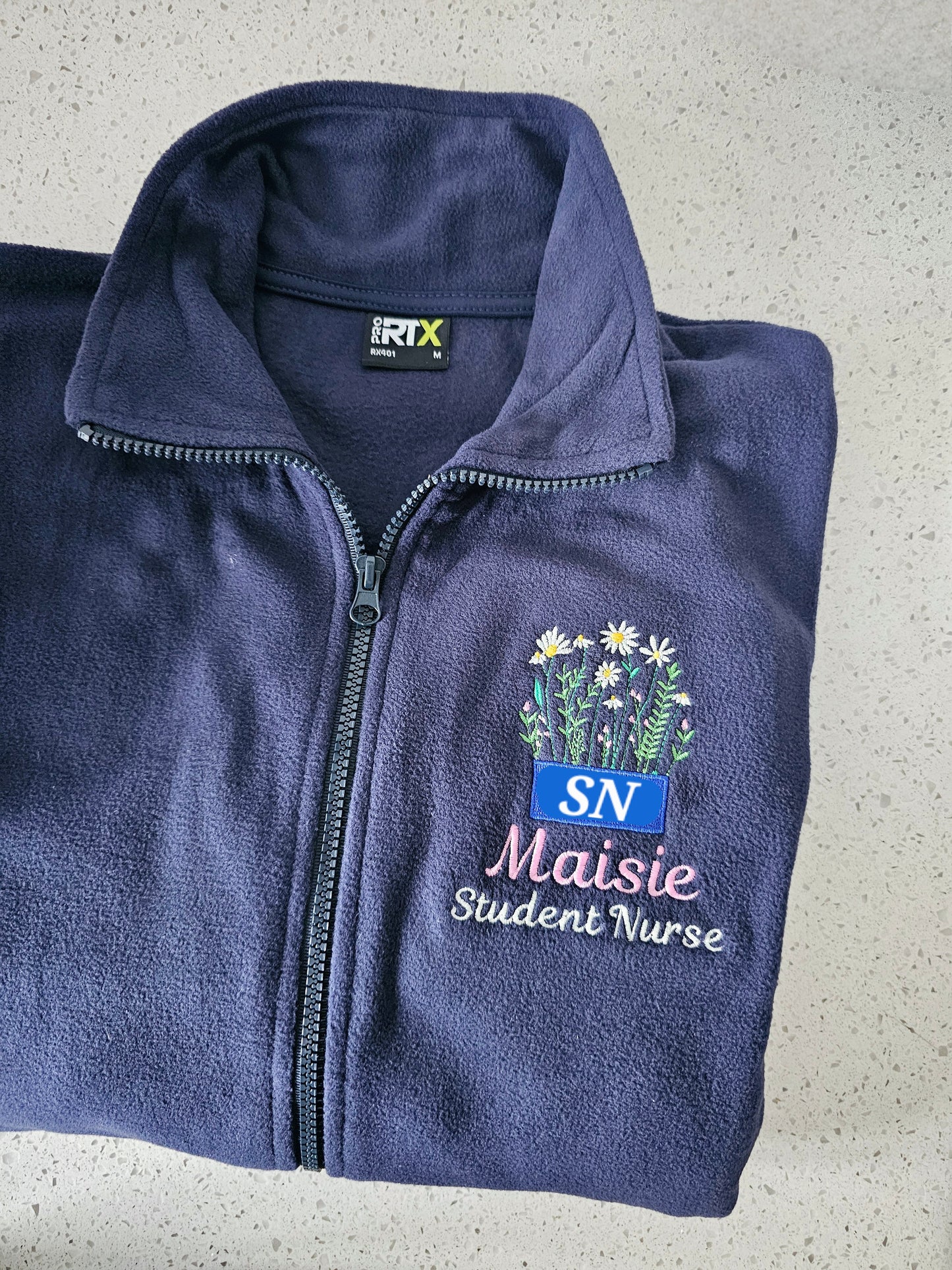 Embroidered wild flower fleece with blue logo for initials fleece, NICU nurse, midwife fleece, student midwife jacket, student nurse fleece, doctor fleece
