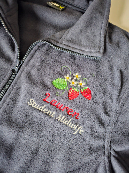 Strawberry Blossom Embroidered Personalised Fleece - Nurse Jacket - Midwife Jacket - Student fleece - Doctor jacket
