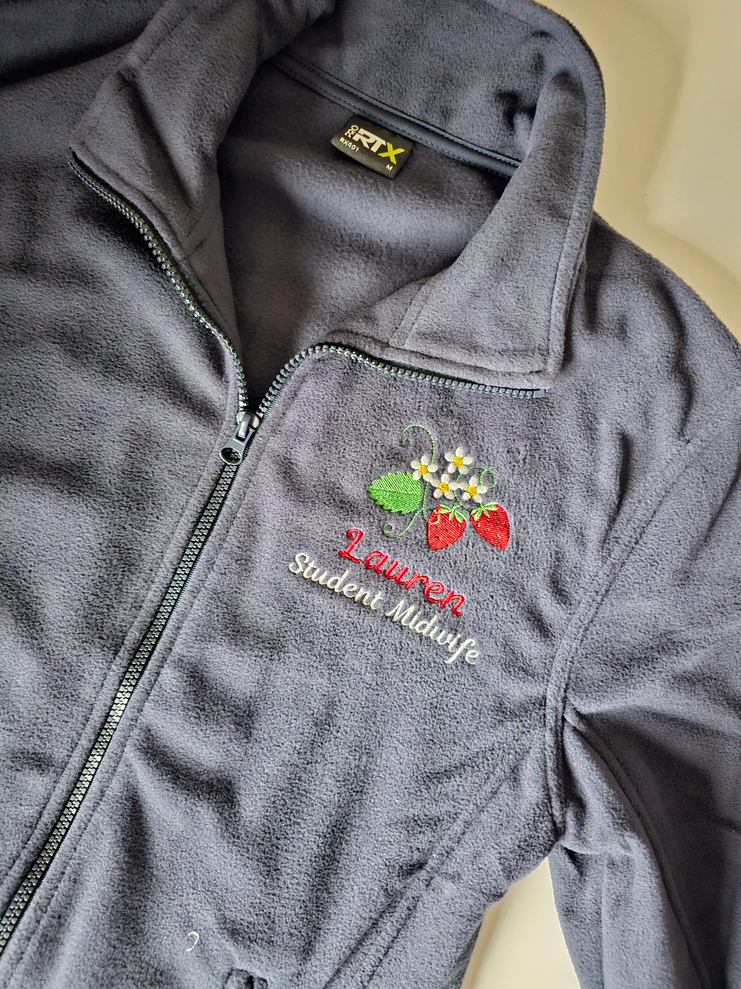 Strawberry Blossom Embroidered Personalised Fleece - Nurse Jacket - Midwife Jacket - Student fleece - Doctor jacket