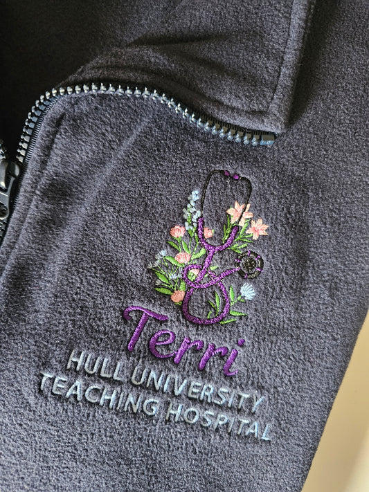 Embroidered Floral Stethoscope Fleece - Healthcare - Flowers and Stethoscope Embroidered Fleece - Student Nurse, Student Midwife, Midwifery jacket, Doctor Gift