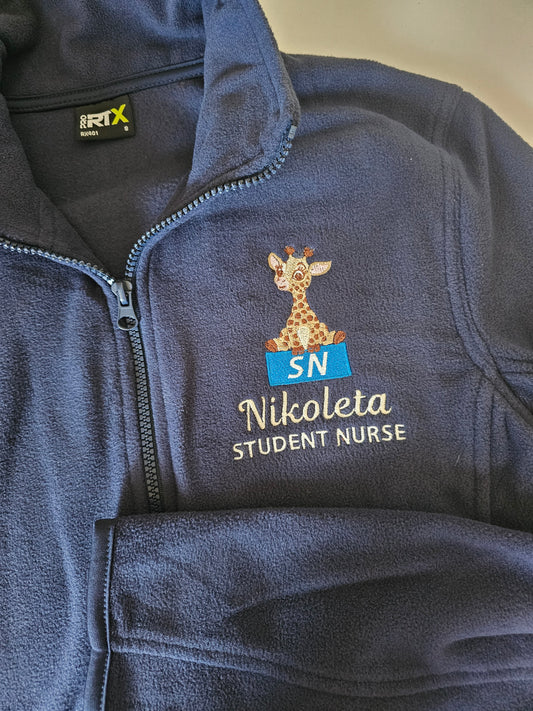 Embroidered giraffe fleece with blue logo for initials fleece, NICU nurse, midwife fleece, student midwife jacket, student nurse fleece, doctor fleece