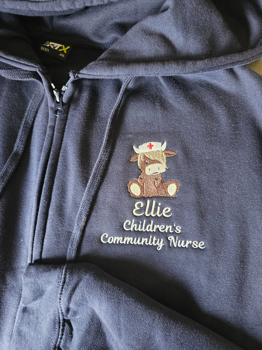 Embroidered  Highland Cow Nurse Hoodie - Healthcare - Student Nurse, Student Midwife, Animal Cow Design Embroidery