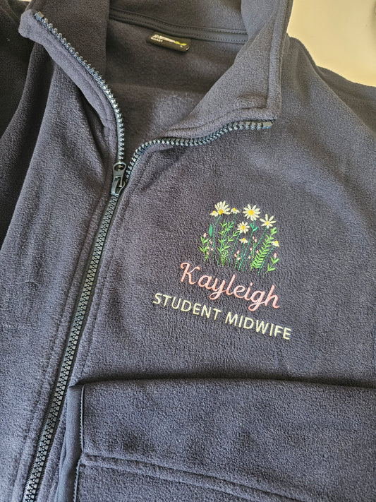 Embroidered Wild Flower Fleece - Healthcare - Floral Embroidered Fleece - Student Nurse, Student Midwife, Midwifery jacket, Doctor Gift