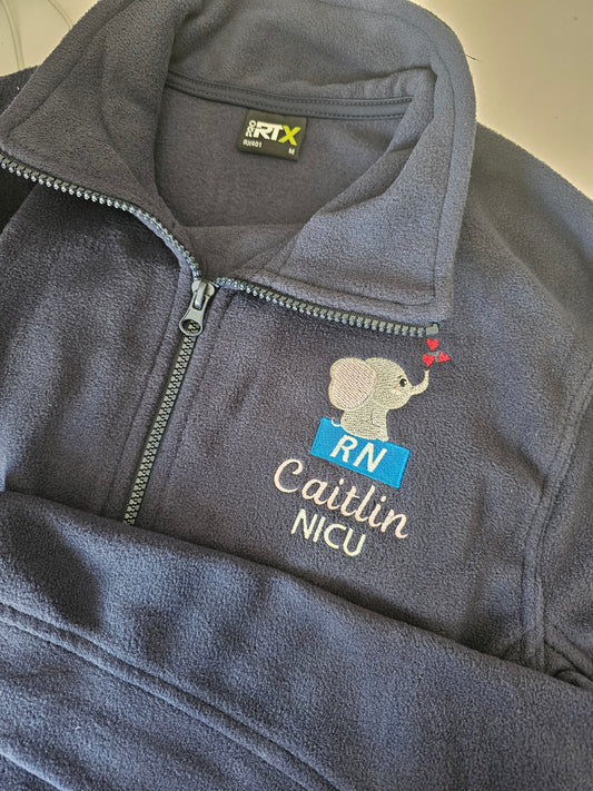 Baby elephant fleece with blue box logo/initials, NICU nurse, midwife fleece, student midwife jacket, student nurse fleece, doctor fleece