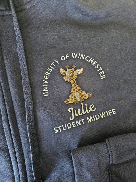 Embroidered Giraffe Hoodie - Healthcare - Student Nurse, Student Midwife, Giraffe Design Embroidery