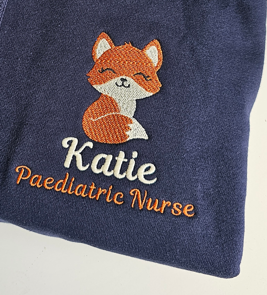 Fox design embroidered fleece, nursing jacket, midwife fleece, student midwife gift, student nurse shift jacket