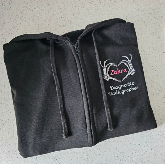 Embroidered Skeleton Hands Heart Hoodie - Healthcare - Student Radiographer, Radiographer, Physiotherapist Design, Bone Doctor Orthopaedic Embroidery