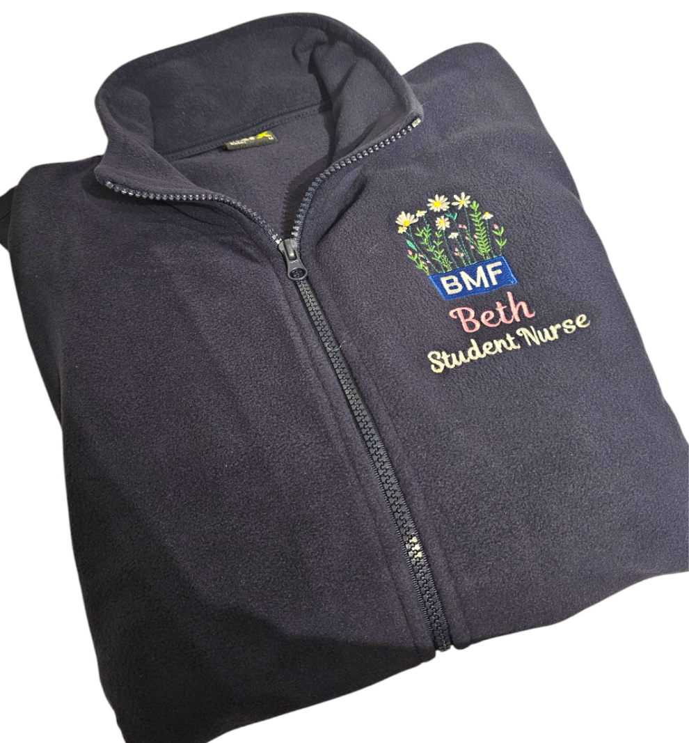 Embroidered wild flower fleece with blue logo for initials fleece, NICU nurse, midwife fleece, student midwife jacket, student nurse fleece, doctor fleece