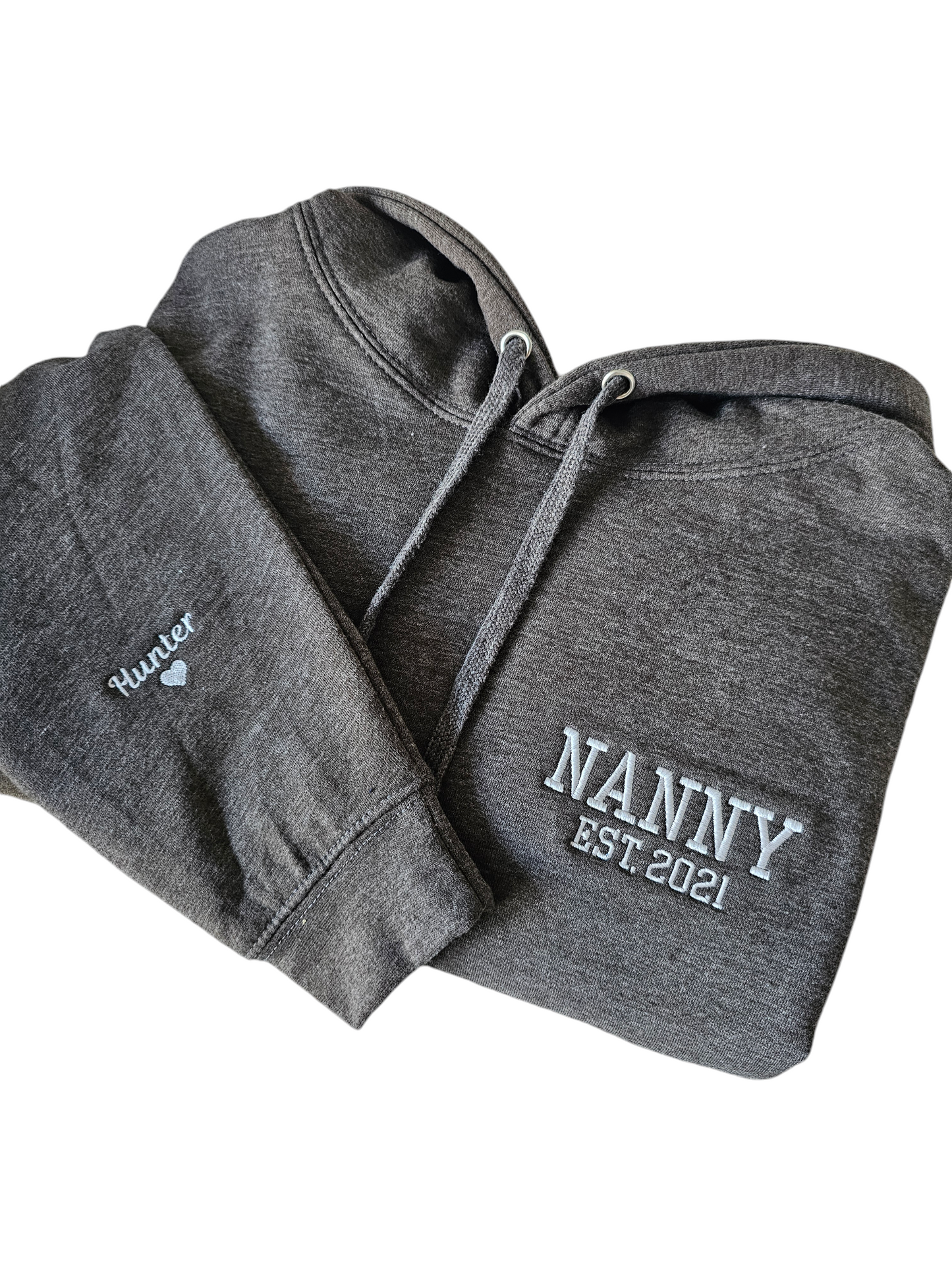 Embrodiered Hoodie, Nanny, Mama, Mum with sleeve names.