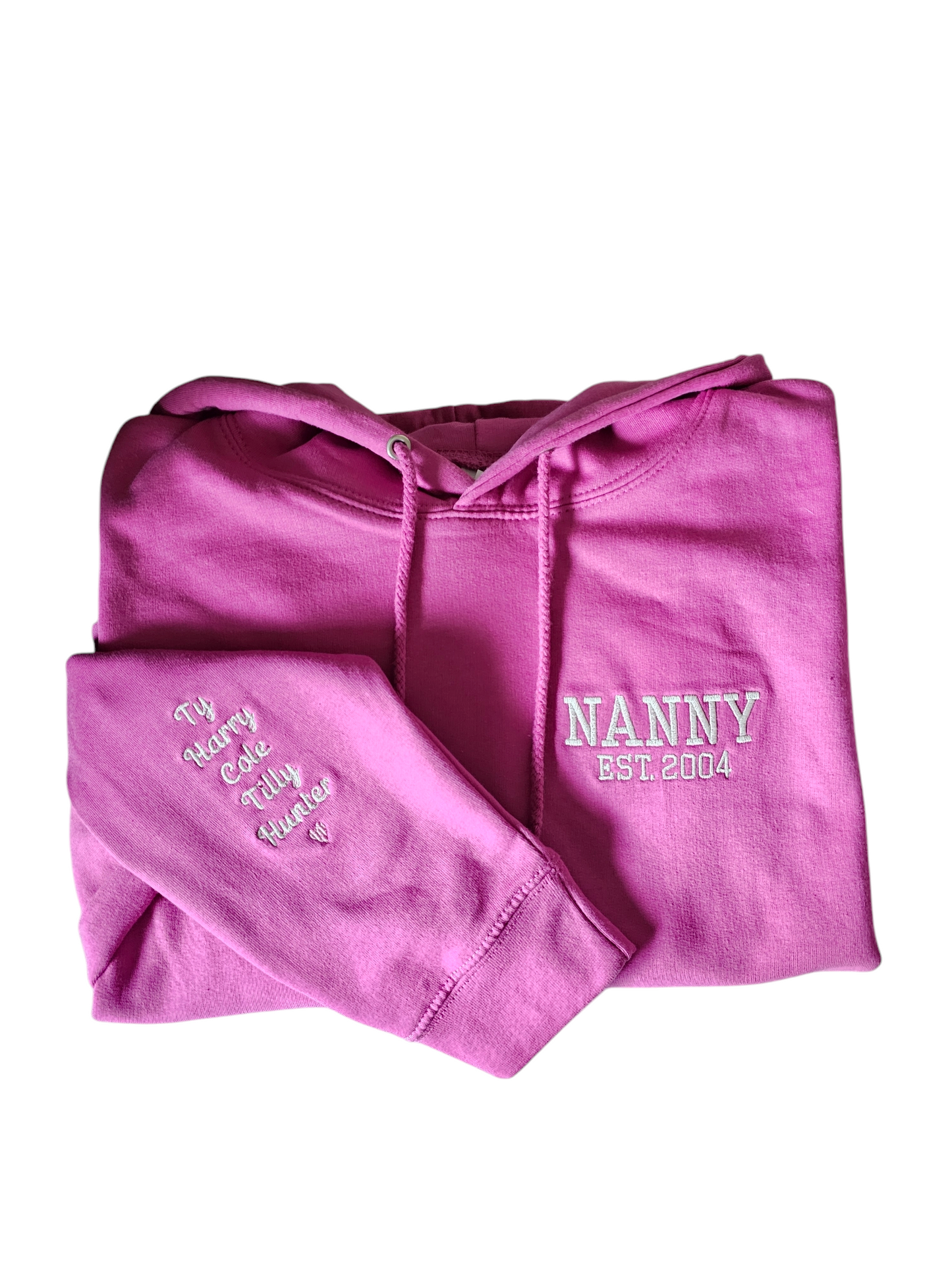 Embrodiered Hoodie, Nanny, Mama, Mum with sleeve names.