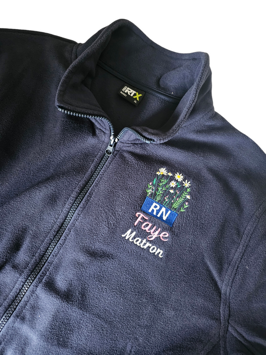 Embroidered wild flower fleece with blue logo for initials fleece, NICU nurse, midwife fleece, student midwife jacket, student nurse fleece, doctor fleece