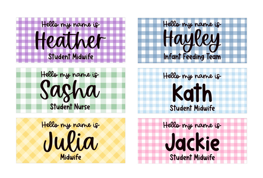 Nurse name badge, midwife name badge, student nurse name badge, student midwife badge, doctor name badge, gingham colour patterns