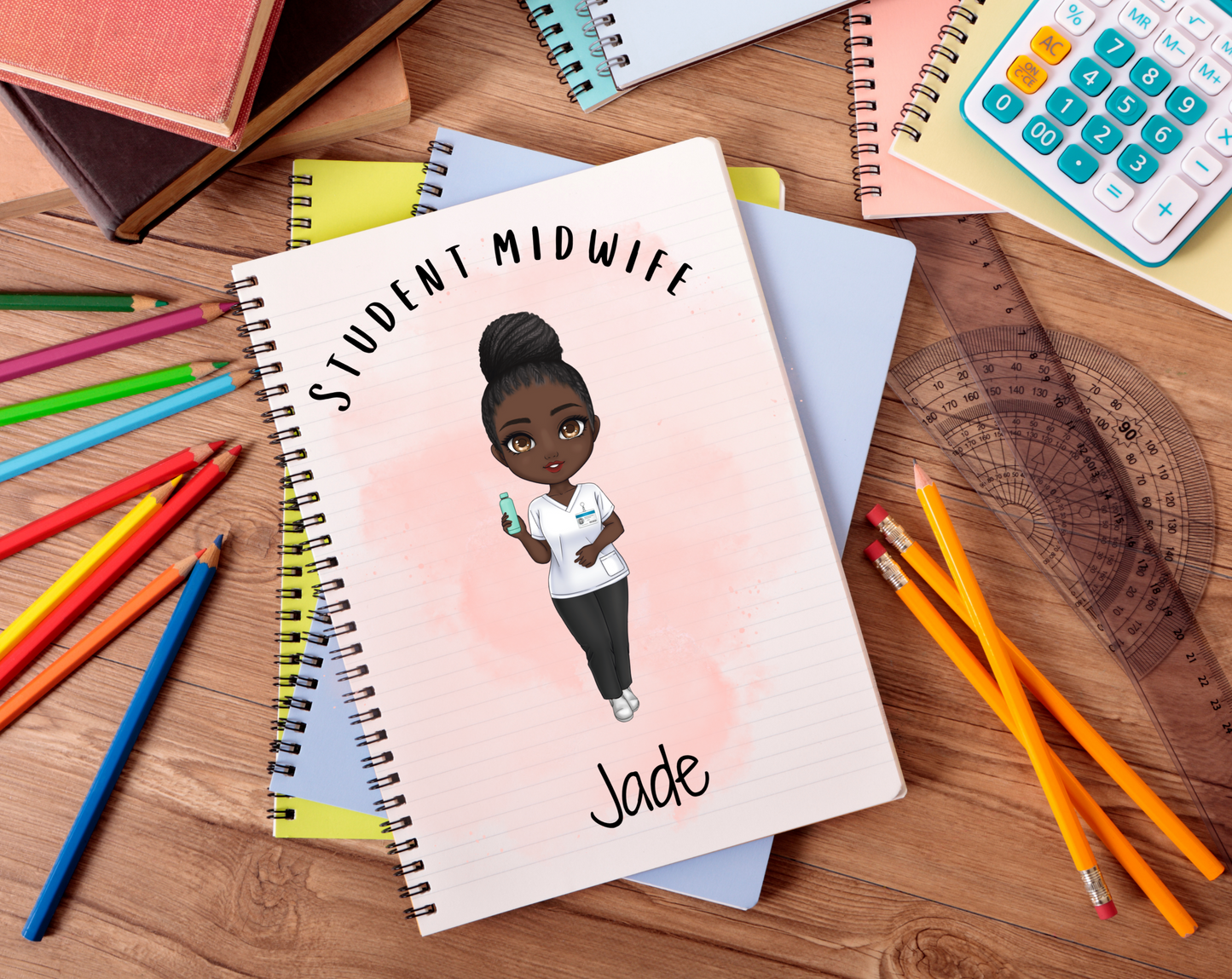 Personalised Character Notebook, Nurse, student nurse, student midwife, doctor, scrubs gift, student study gift notebook