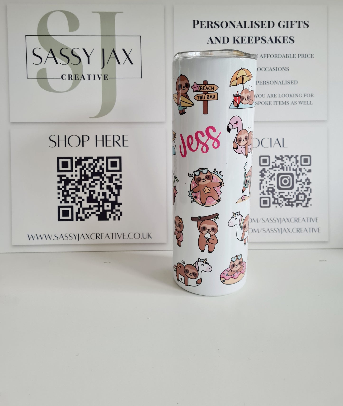 Personalised Summer Sloth Colourful 20oz Skinny Thermal Tumbler