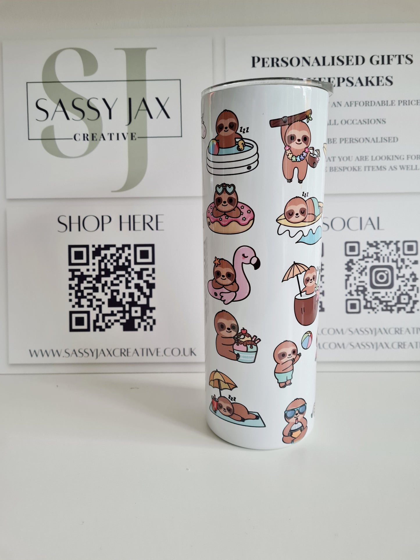 Personalised Summer Sloth Colourful 20oz Skinny Thermal Tumbler