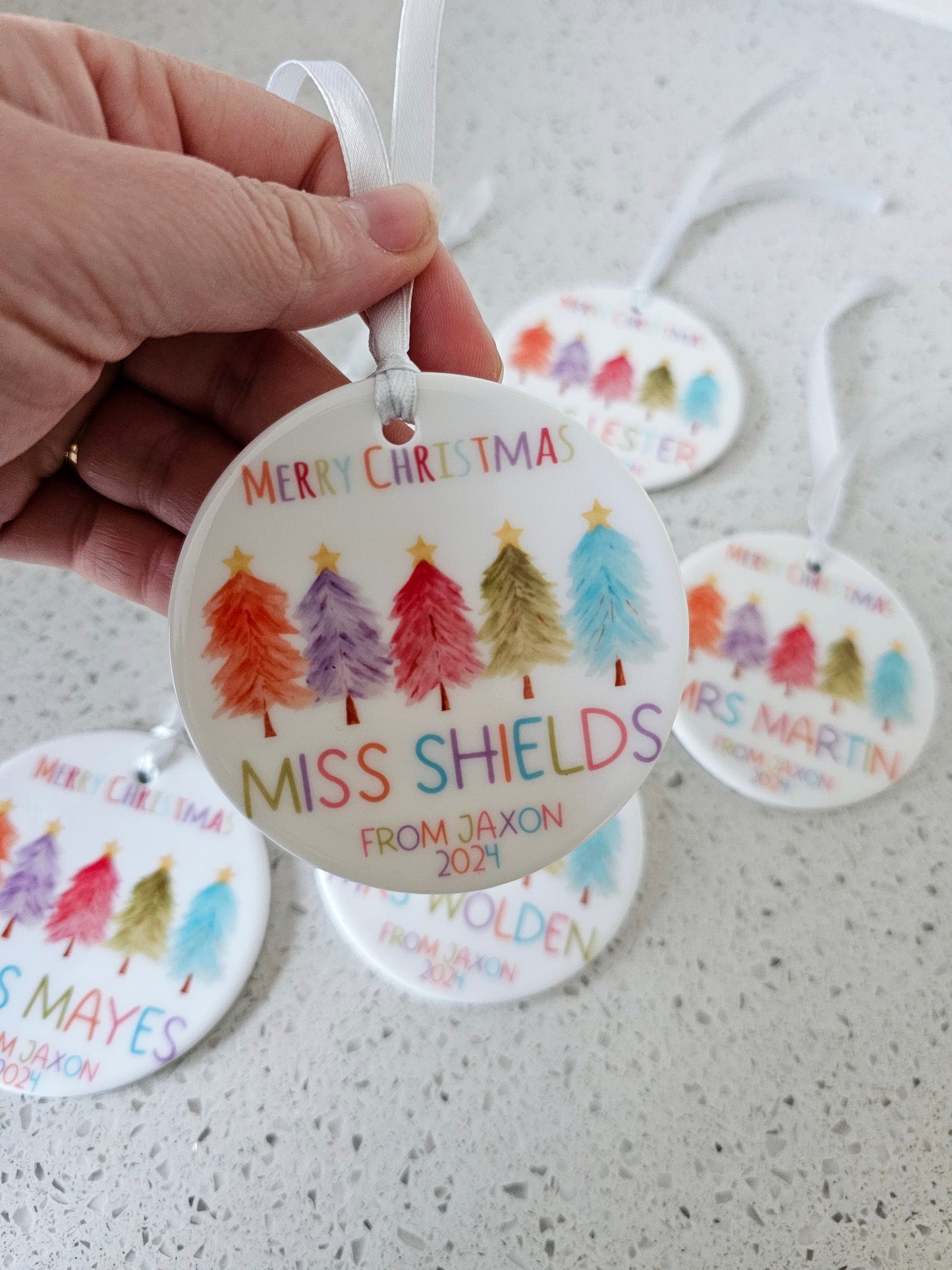 Teacher Ceramic Christmas Tree Bauble, Personalised Bauble Gift