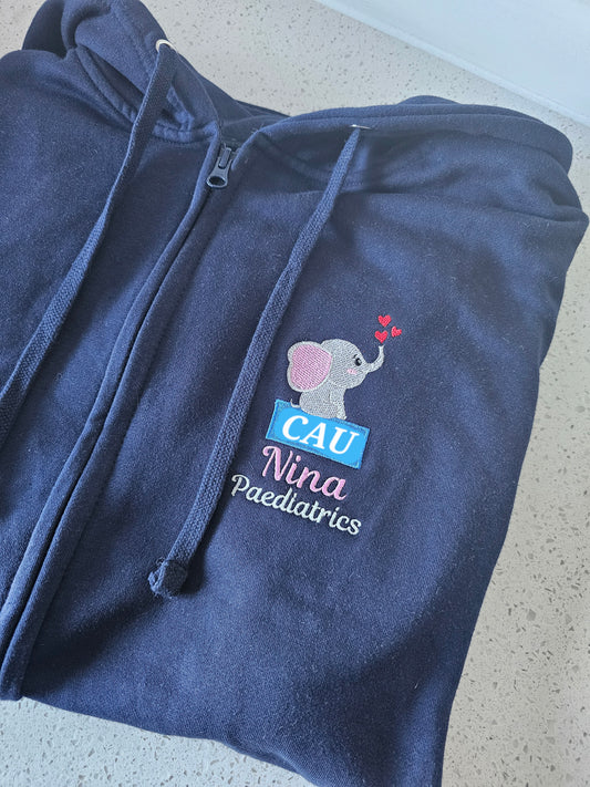 Embroidered baby elephant hoodie with blue box logo or initials, nurse hoodie, midwife jacket, healthcare, doctor gift.