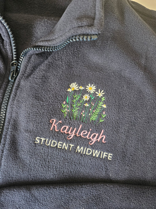 Embroidered Wild Flower Fleece - Healthcare - Floral Embroidered Fleece - Student Nurse, Student Midwife, Midwifery jacket, Doctor Gift