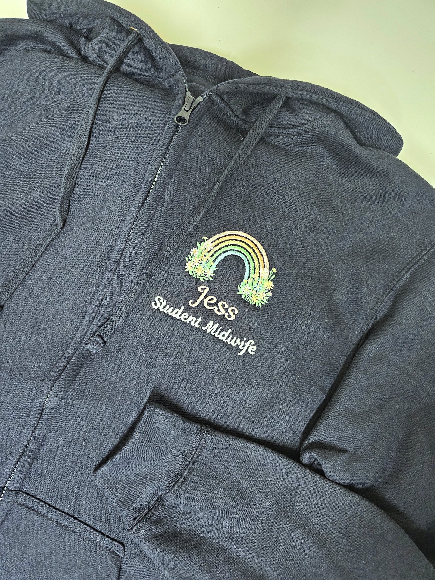 Personalised embroidered hoodie - pastel rainbow and wild flowers - healthcare, nurse, student nurse, midwife gift