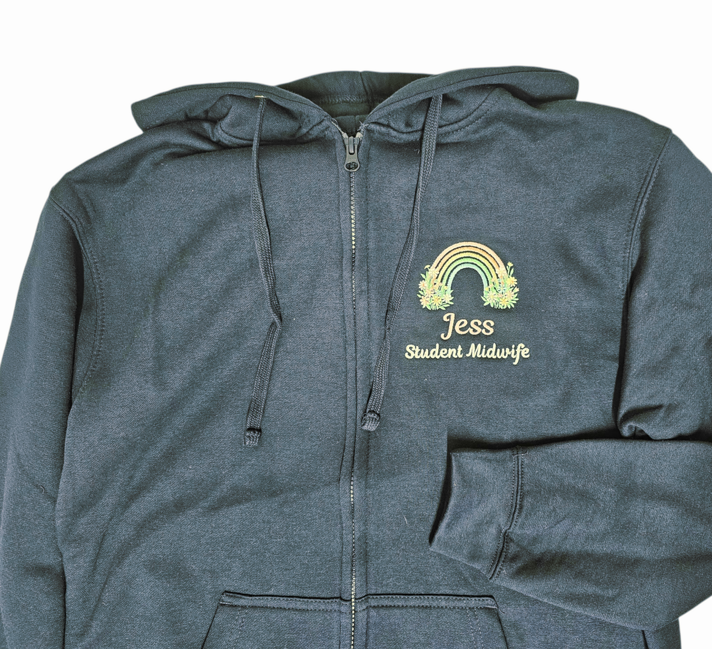 Personalised embroidered hoodie - pastel rainbow and wild flowers - healthcare, nurse, student nurse, midwife gift