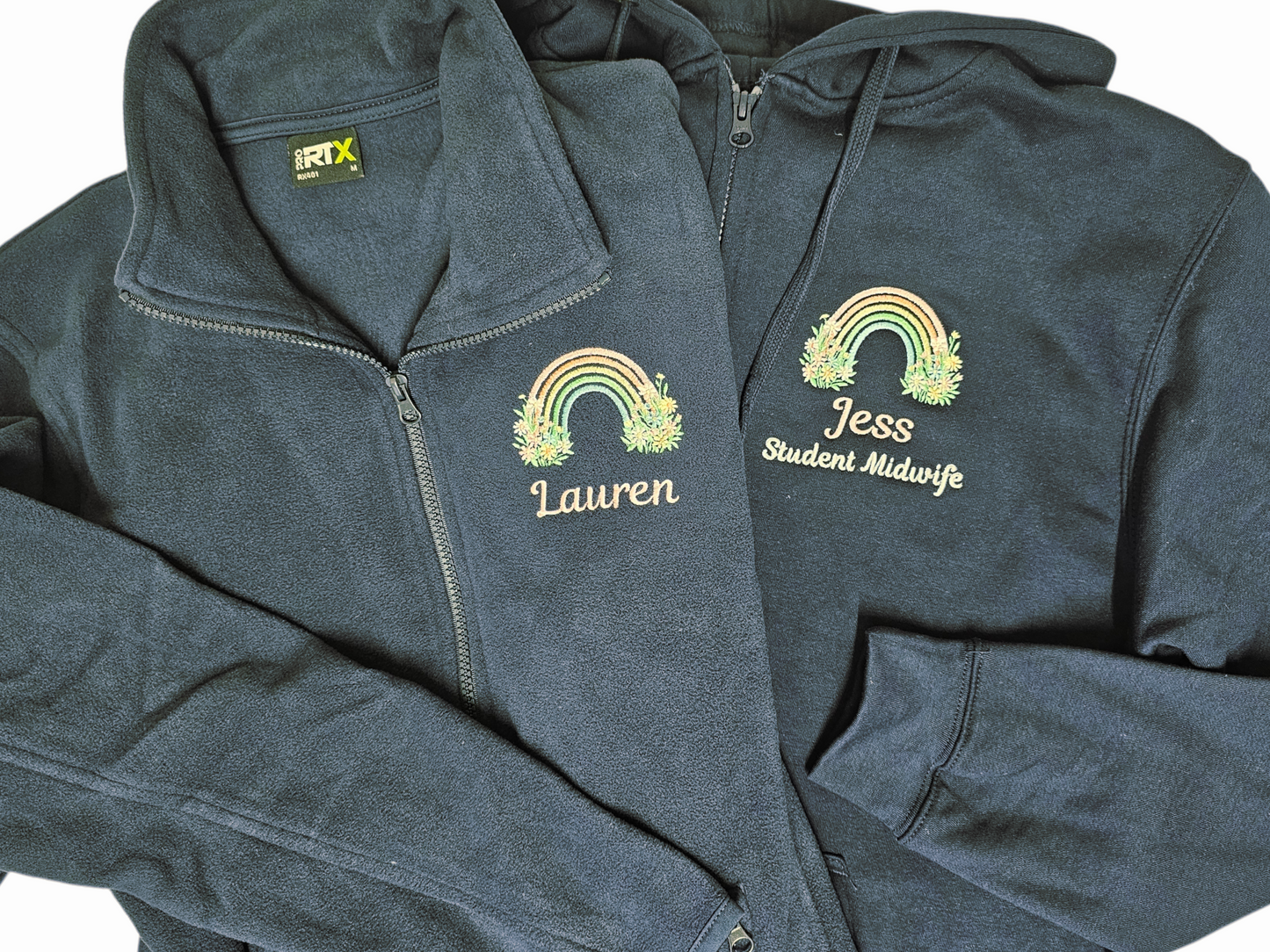 Personalised embroidered fleece- pastel rainbow and wild flowers - healthcare, nurse, student nurse, midwife gift