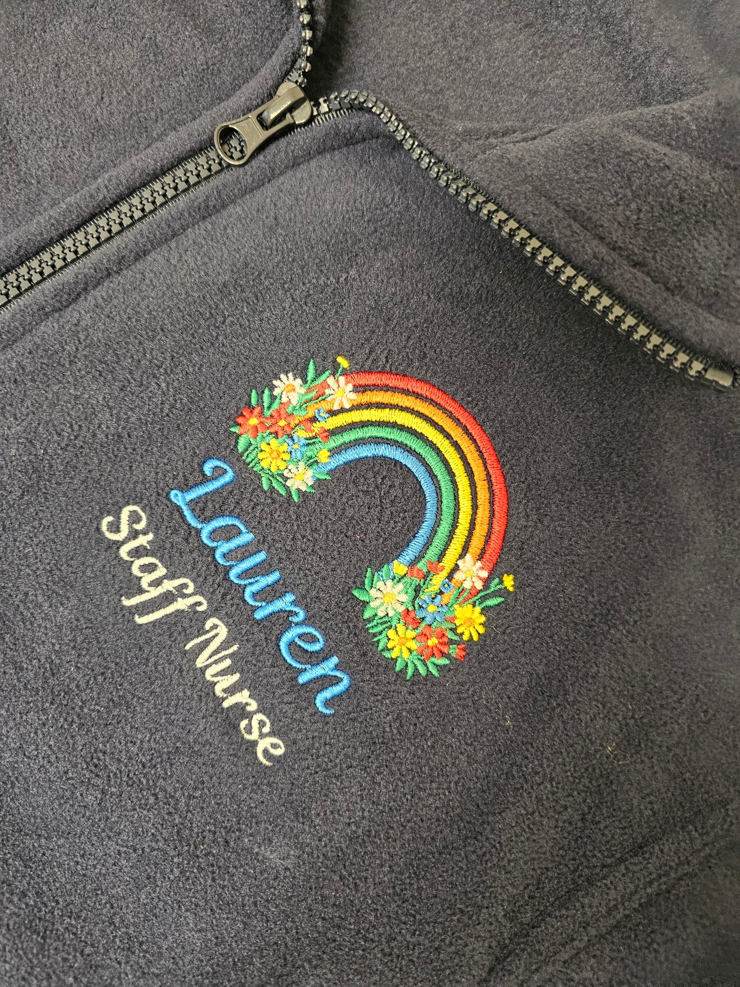 Personalised embroidered fleece- bright rainbow and wild flowers - healthcare, nurse, student nurse, midwife gift