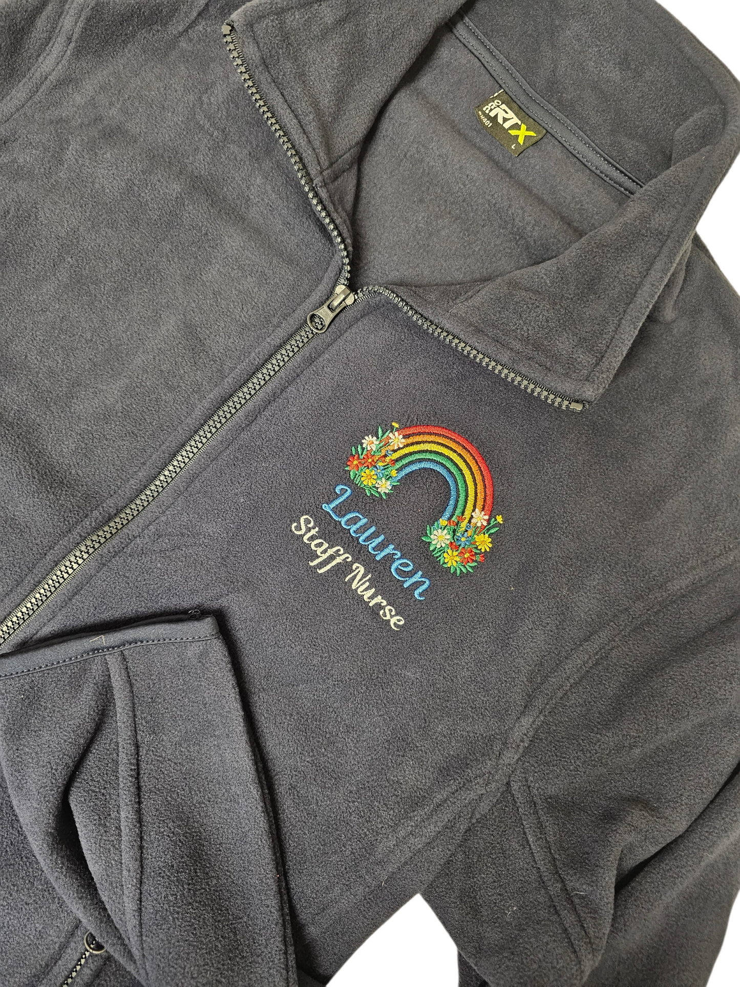 Personalised embroidered fleece- bright rainbow and wild flowers - healthcare, nurse, student nurse, midwife gift