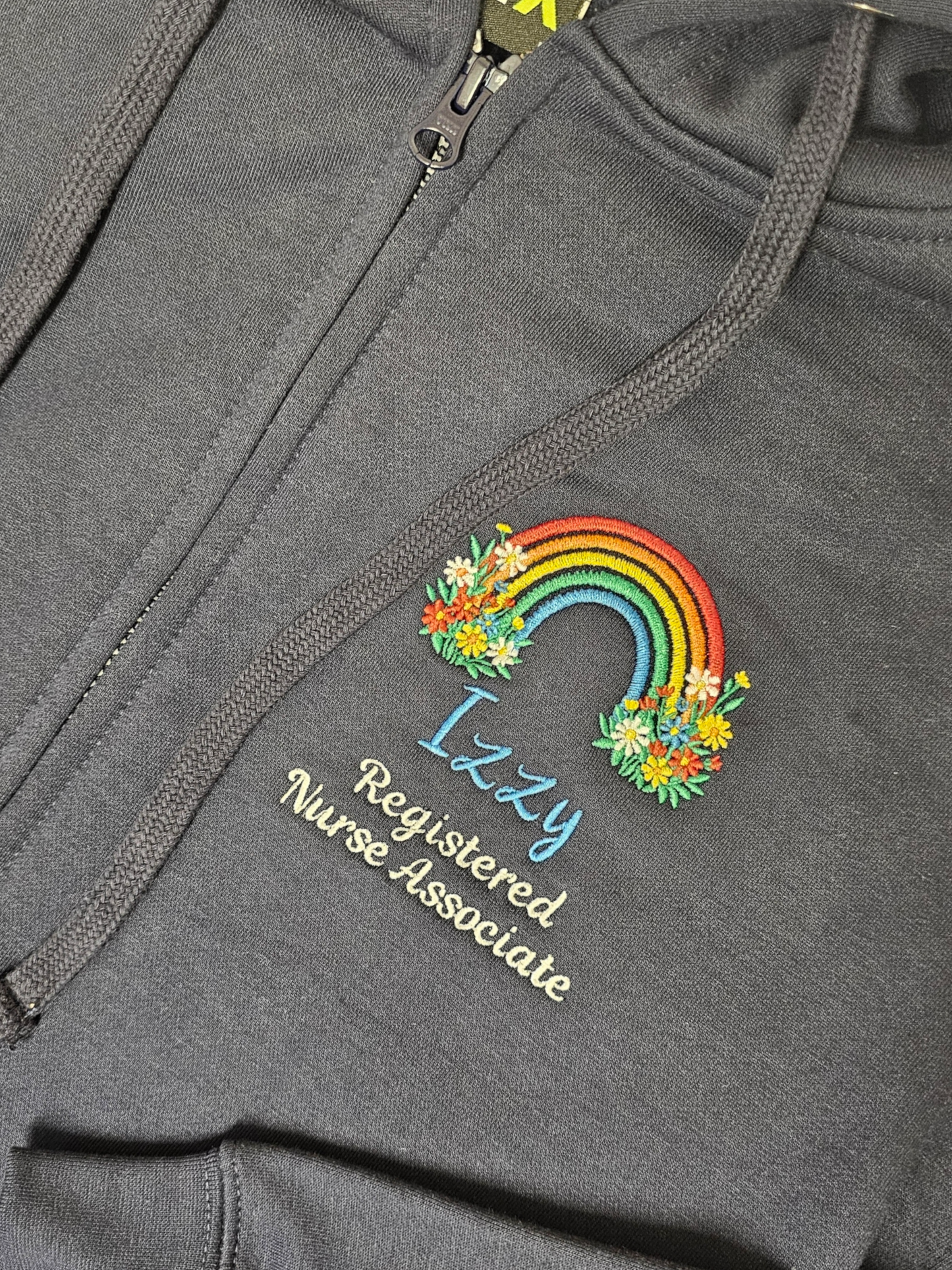 Personalised embroidered hoodie - bright rainbow and wild flowers - healthcare, nurse, student nurse, midwife gift