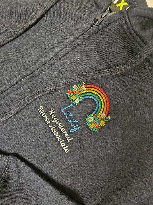 Personalised embroidered hoodie - bright rainbow and wild flowers - healthcare, nurse, student nurse, midwife gift