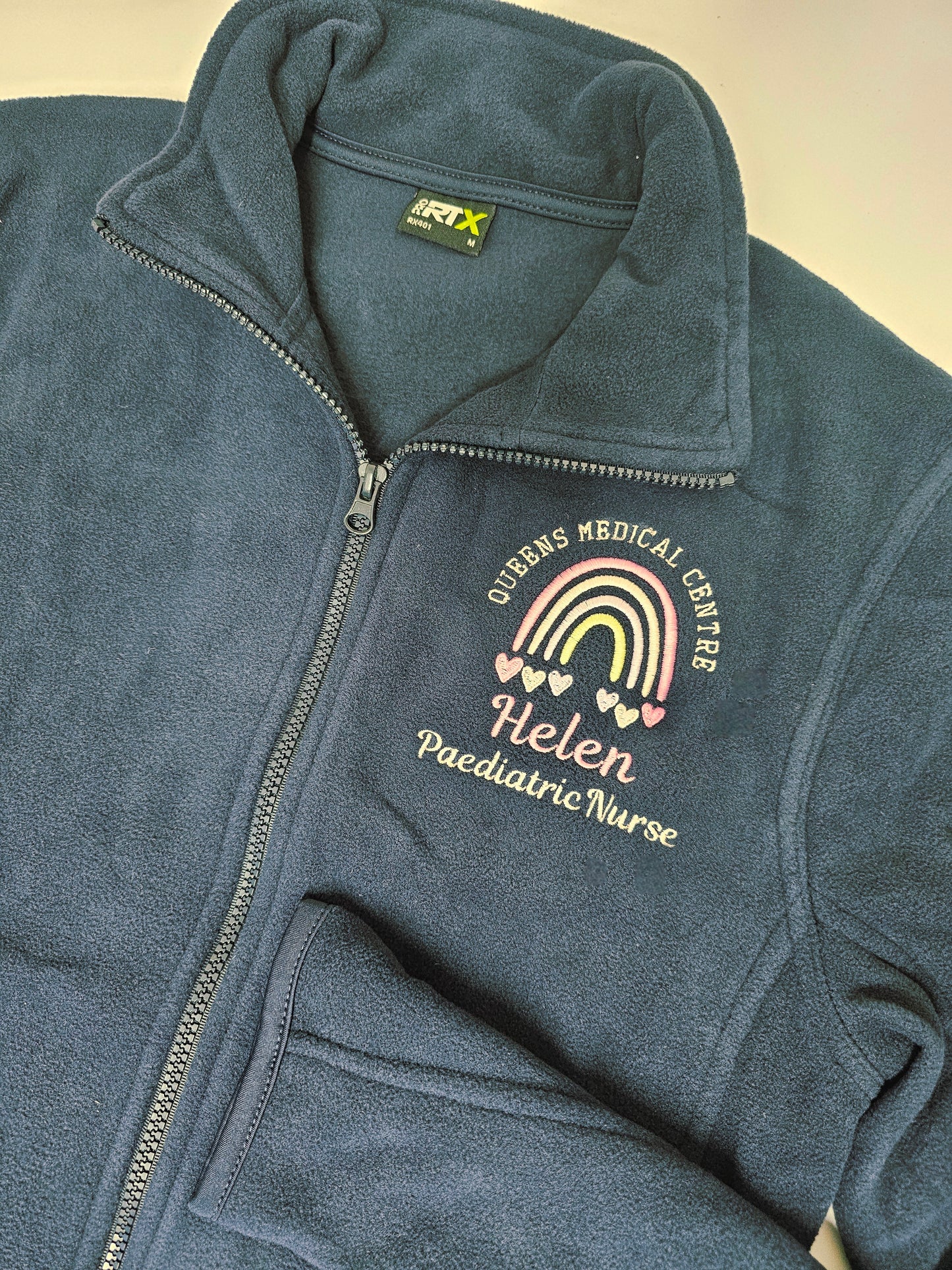 Personalised embroidered fleece- pastel rainbow hearts - healthcare, nurse, student nurse, midwife gift