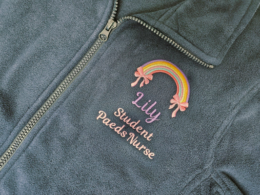 Personalised embroidered fleece- rainbow with bows - healthcare, nurse, student nurse, midwife gift