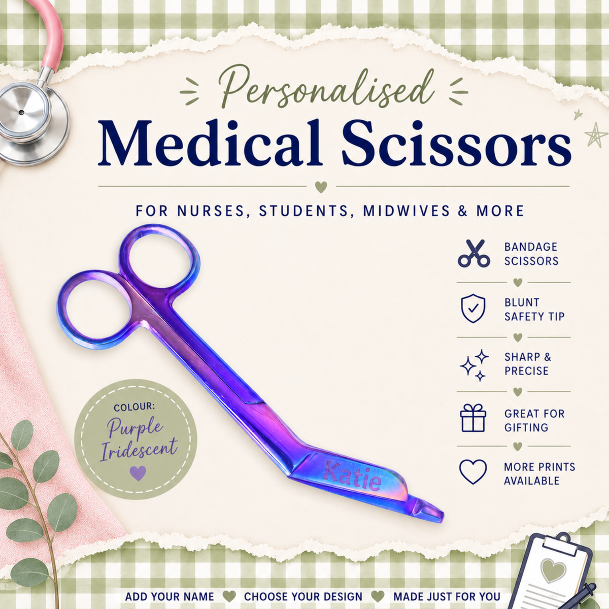 Nurse medical personalised scissors, scissors for midwife, doctor, paramedic, student nurse, student midwife, nurse pastel colour scissors pink